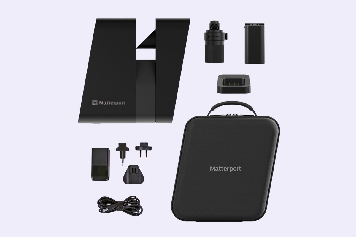 Matterport Pro3 camera with carry case along with essential accessories such as battery, charging kit and tripod mount