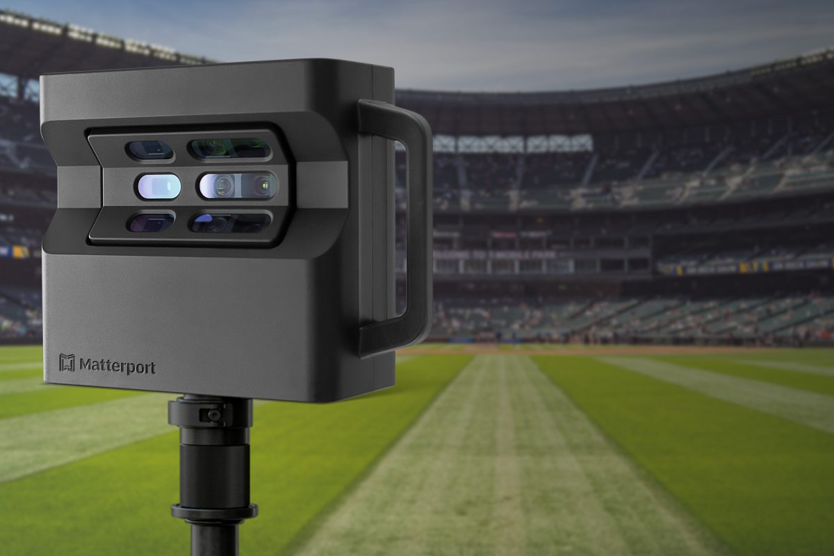 a close up of a matterport pro 2 camera on a tripod