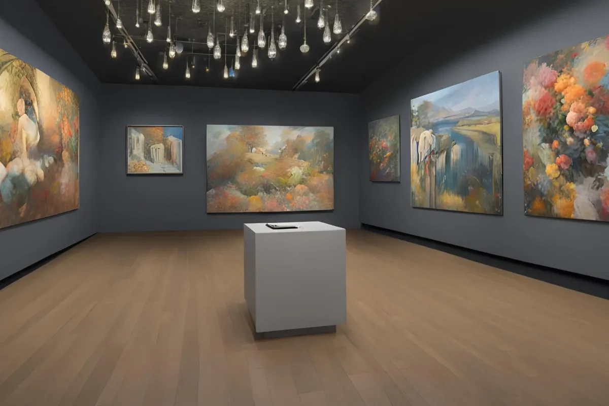 Large colorful paintings in a museum
